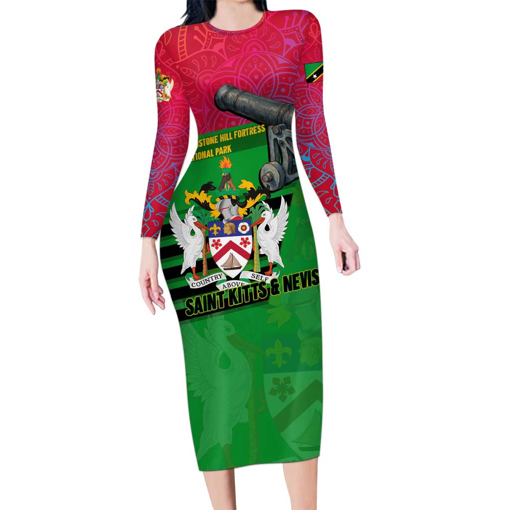 Saint Kitts and Nevis Apparel Long Sleeve Bodycon Dress with National Coat of Arms and Cannon Graphic in Red and Green Cultural Pattern Design - Wonder Print Shop