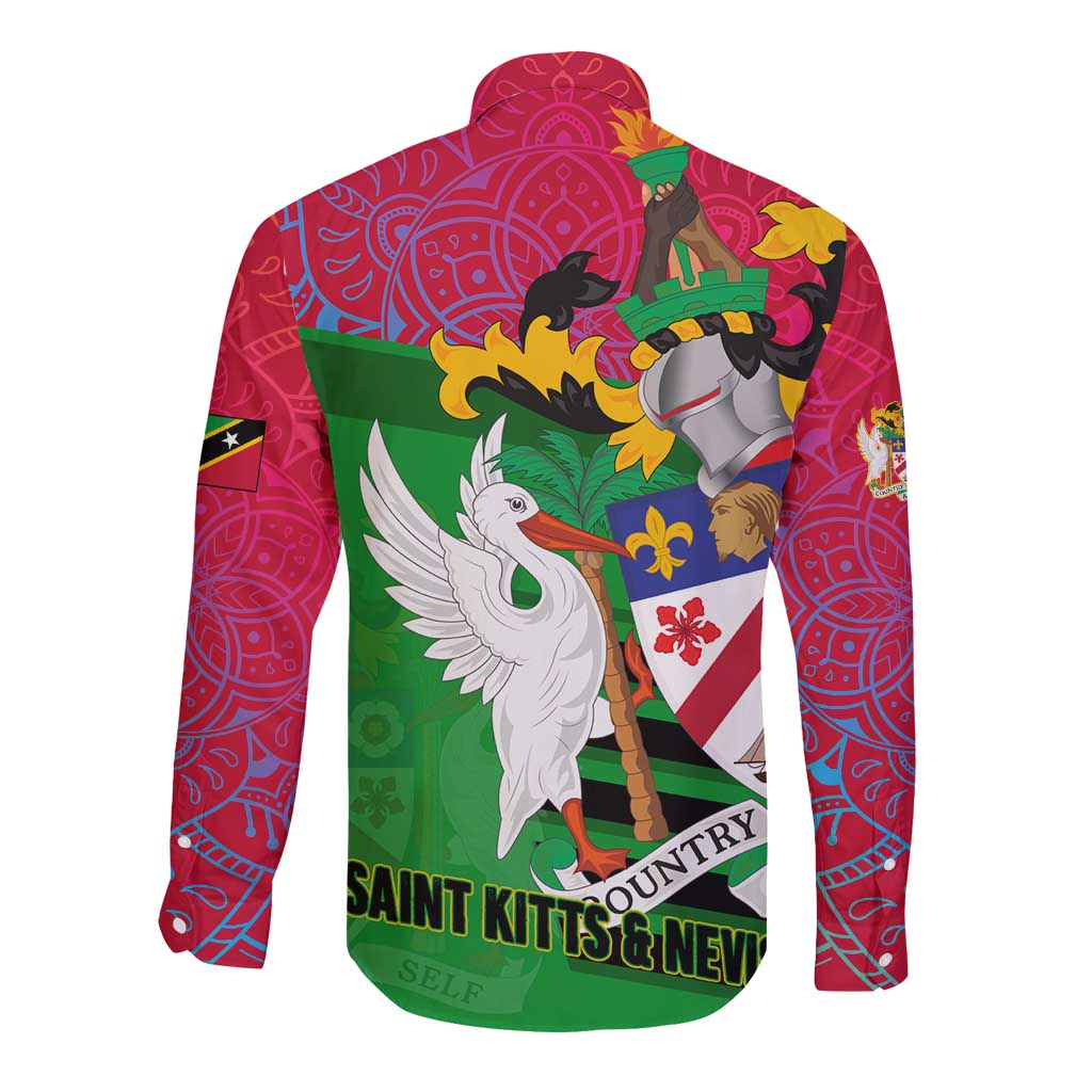 Saint Kitts and Nevis Apparel Long Sleeve Button Shirt with National Coat of Arms and Cannon Graphic in Red and Green Cultural Pattern Design - Wonder Print Shop