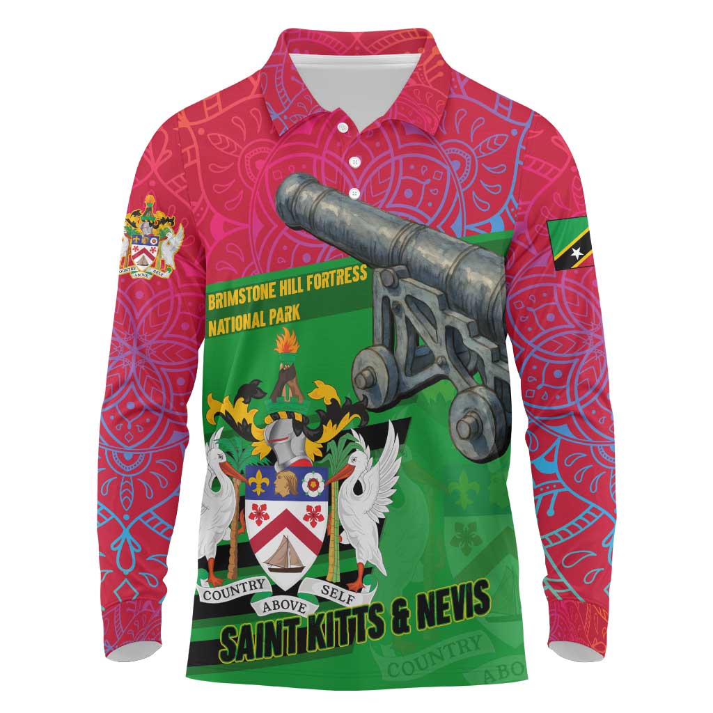 Saint Kitts and Nevis Apparel Long Sleeve Polo Shirt with National Coat of Arms and Cannon Graphic in Red and Green Cultural Pattern Design - Wonder Print Shop