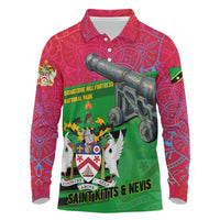 Saint Kitts and Nevis Apparel Long Sleeve Polo Shirt with National Coat of Arms and Cannon Graphic in Red and Green Cultural Pattern Design - Wonder Print Shop