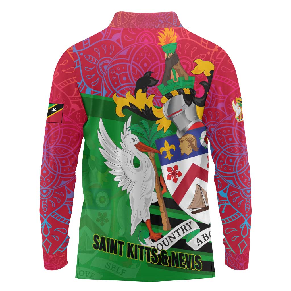 Saint Kitts and Nevis Apparel Long Sleeve Polo Shirt with National Coat of Arms and Cannon Graphic in Red and Green Cultural Pattern Design - Wonder Print Shop