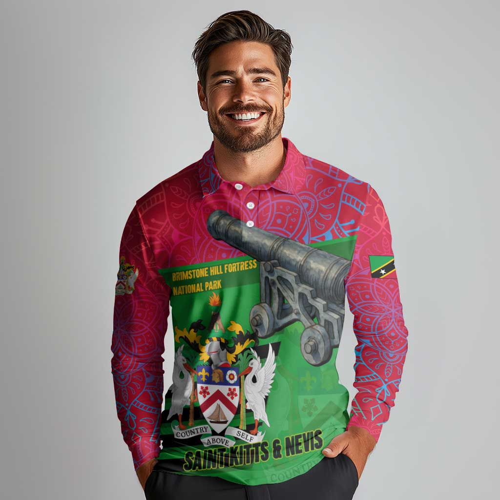Saint Kitts and Nevis Apparel Long Sleeve Polo Shirt with National Coat of Arms and Cannon Graphic in Red and Green Cultural Pattern Design - Wonder Print Shop