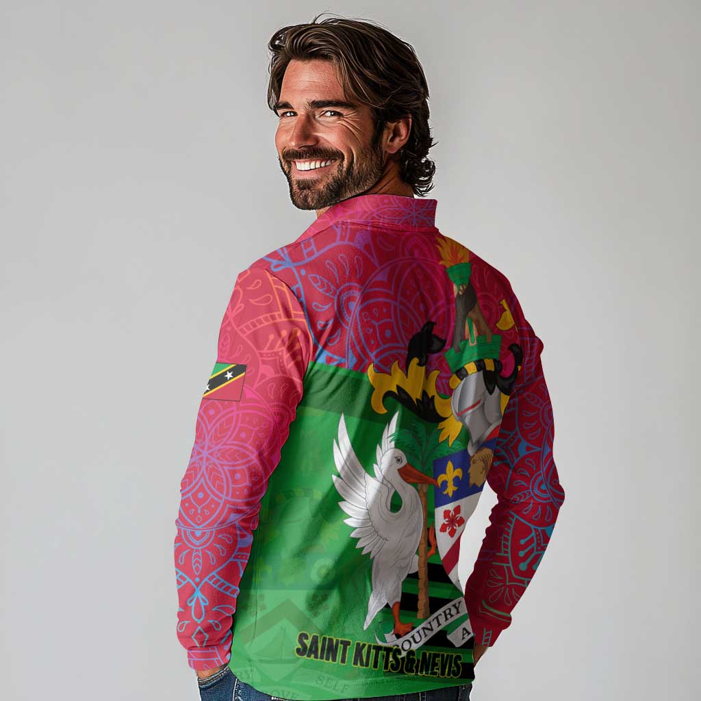 Saint Kitts and Nevis Apparel Long Sleeve Polo Shirt with National Coat of Arms and Cannon Graphic in Red and Green Cultural Pattern Design - Wonder Print Shop