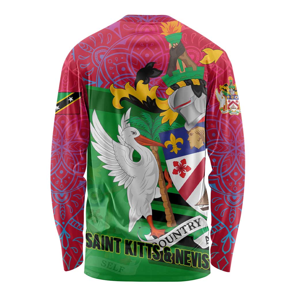 Saint Kitts and Nevis Apparel Long Sleeve Shirt with National Coat of Arms and Cannon Graphic in Red and Green Cultural Pattern Design - Wonder Print Shop