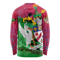 Saint Kitts and Nevis Apparel Long Sleeve Shirt with National Coat of Arms and Cannon Graphic in Red and Green Cultural Pattern Design - Wonder Print Shop