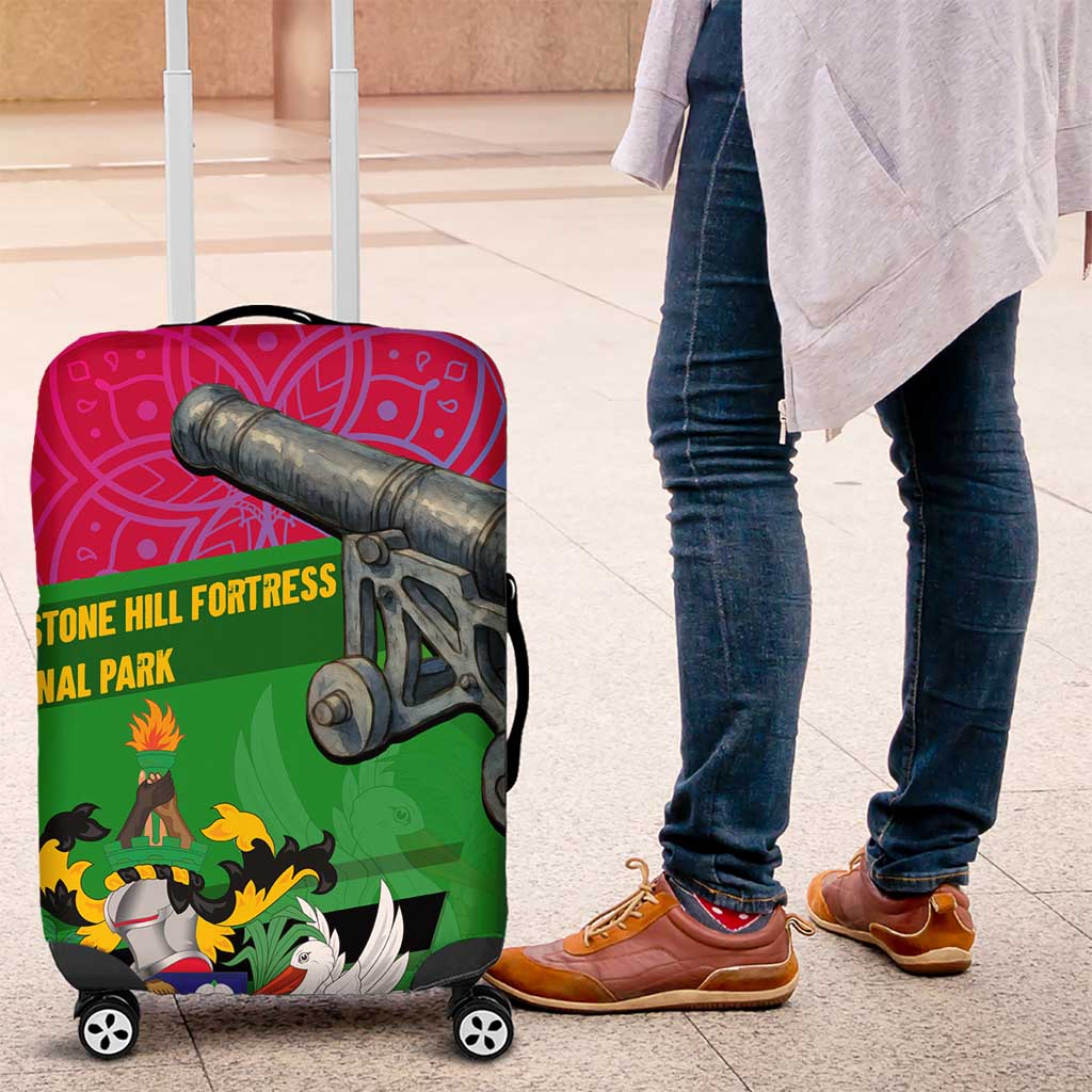 Saint Kitts and Nevis Apparel Luggage Cover with National Coat of Arms and Cannon Graphic in Red and Green Cultural Pattern Design - Wonder Print Shop