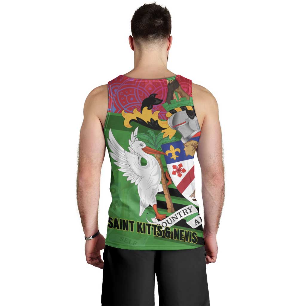 Saint Kitts and Nevis Apparel Men Tank Top with National Coat of Arms and Cannon Graphic in Red and Green Cultural Pattern Design - Wonder Print Shop