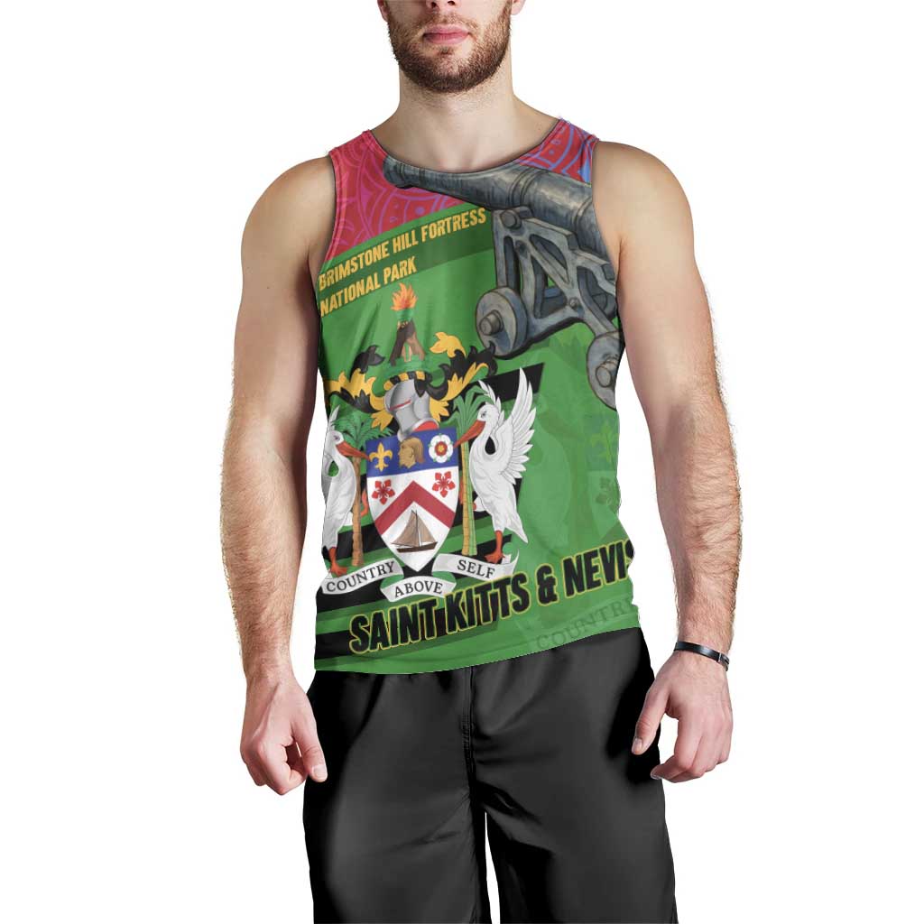 Saint Kitts and Nevis Apparel Men Tank Top with National Coat of Arms and Cannon Graphic in Red and Green Cultural Pattern Design - Wonder Print Shop