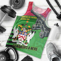 Saint Kitts and Nevis Apparel Men Tank Top with National Coat of Arms and Cannon Graphic in Red and Green Cultural Pattern Design - Wonder Print Shop