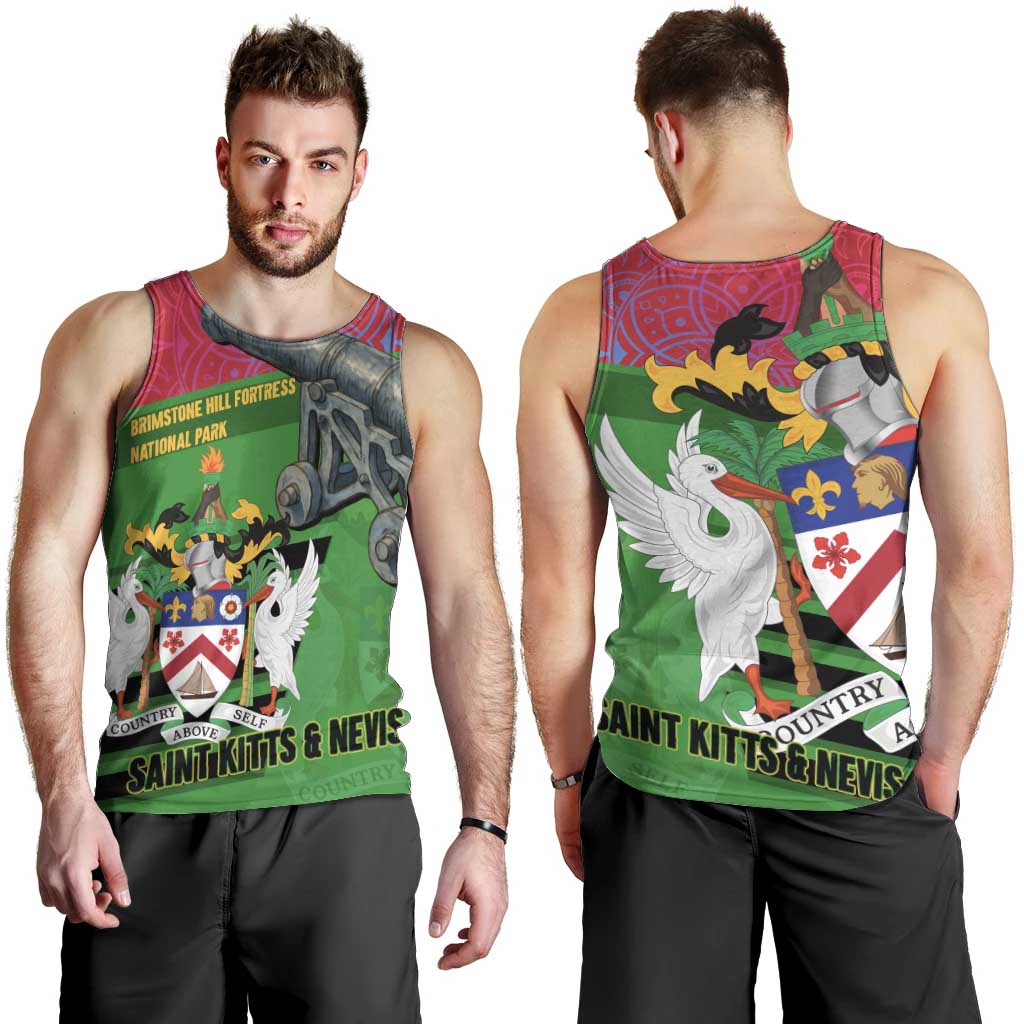 Saint Kitts and Nevis Apparel Men Tank Top with National Coat of Arms and Cannon Graphic in Red and Green Cultural Pattern Design - Wonder Print Shop