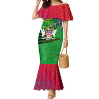 Saint Kitts and Nevis Apparel Mermaid Dress with National Coat of Arms and Cannon Graphic in Red and Green Cultural Pattern Design - Wonder Print Shop