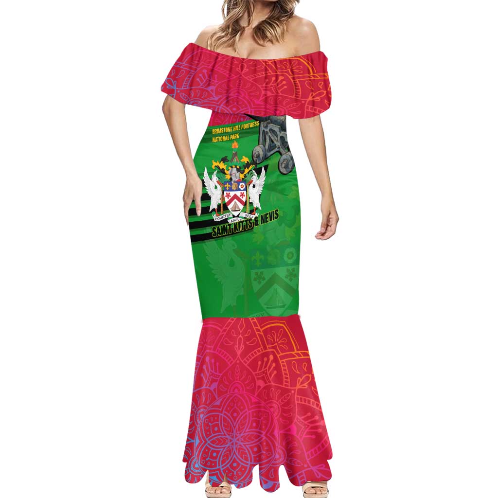 Saint Kitts and Nevis Apparel Mermaid Dress with National Coat of Arms and Cannon Graphic in Red and Green Cultural Pattern Design - Wonder Print Shop