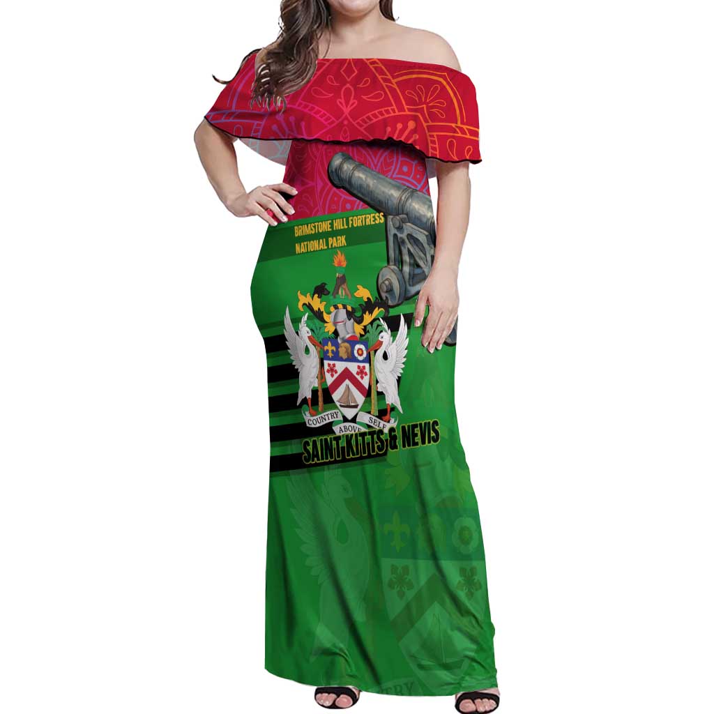 Saint Kitts and Nevis Apparel Off Shoulder Maxi Dress with National Coat of Arms and Cannon Graphic in Red and Green Cultural Pattern Design - Wonder Print Shop