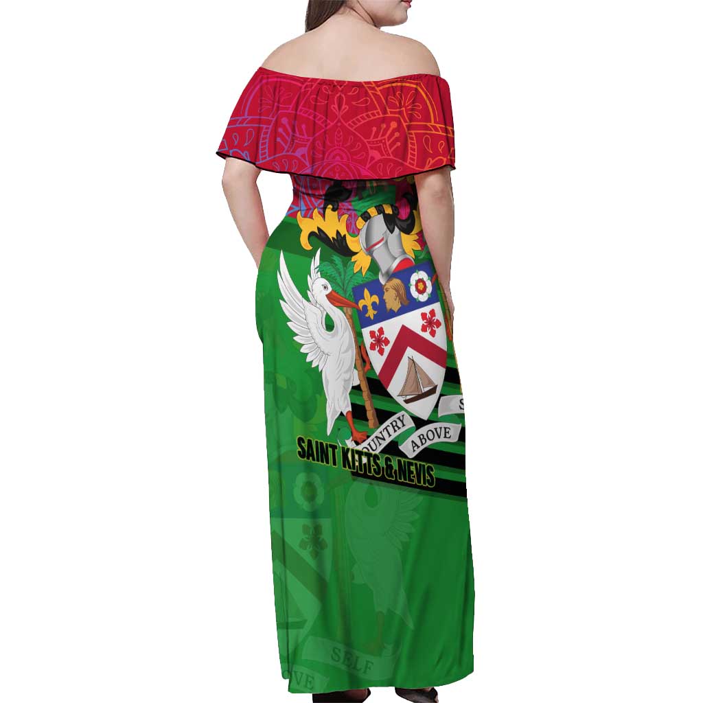 Saint Kitts and Nevis Apparel Off Shoulder Maxi Dress with National Coat of Arms and Cannon Graphic in Red and Green Cultural Pattern Design - Wonder Print Shop