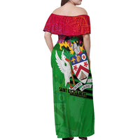Saint Kitts and Nevis Apparel Off Shoulder Maxi Dress with National Coat of Arms and Cannon Graphic in Red and Green Cultural Pattern Design - Wonder Print Shop