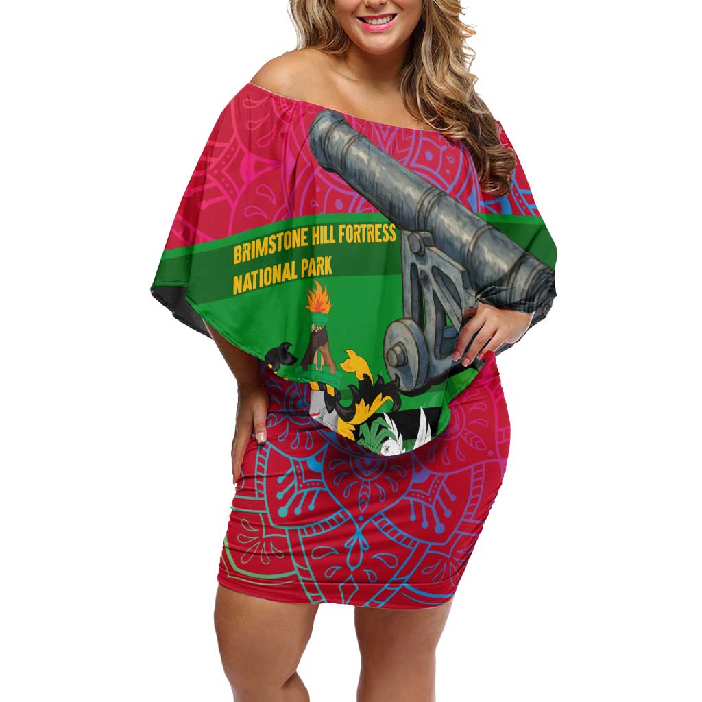 Saint Kitts and Nevis Apparel Off Shoulder Short Dress with National Coat of Arms and Cannon Graphic in Red and Green Cultural Pattern Design - Wonder Print Shop