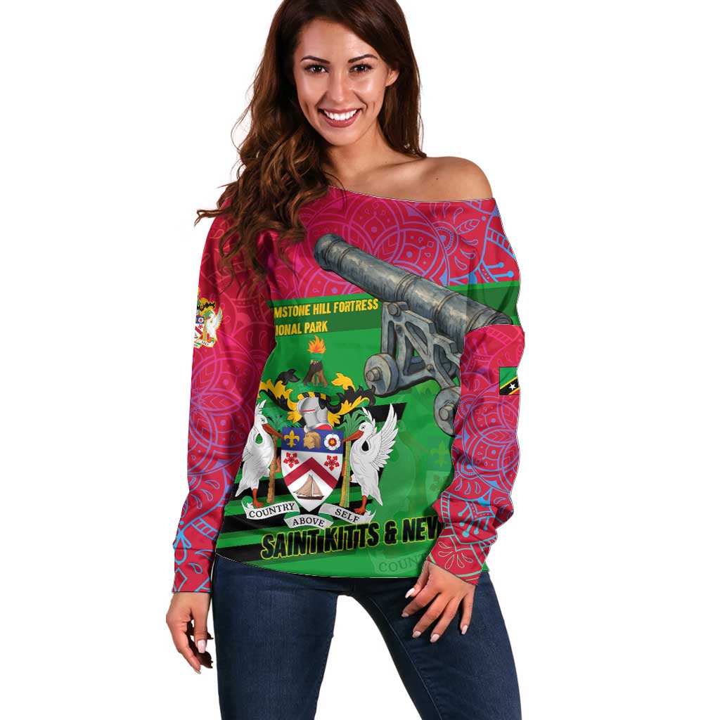Saint Kitts and Nevis Apparel Off Shoulder Sweater with National Coat of Arms and Cannon Graphic in Red and Green Cultural Pattern Design - Wonder Print Shop