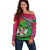 Saint Kitts and Nevis Apparel Off Shoulder Sweater with National Coat of Arms and Cannon Graphic in Red and Green Cultural Pattern Design - Wonder Print Shop