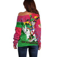 Saint Kitts and Nevis Apparel Off Shoulder Sweater with National Coat of Arms and Cannon Graphic in Red and Green Cultural Pattern Design - Wonder Print Shop