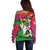 Saint Kitts and Nevis Apparel Off Shoulder Sweater with National Coat of Arms and Cannon Graphic in Red and Green Cultural Pattern Design - Wonder Print Shop
