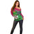 Saint Kitts and Nevis Apparel Off Shoulder Sweater with National Coat of Arms and Cannon Graphic in Red and Green Cultural Pattern Design - Wonder Print Shop