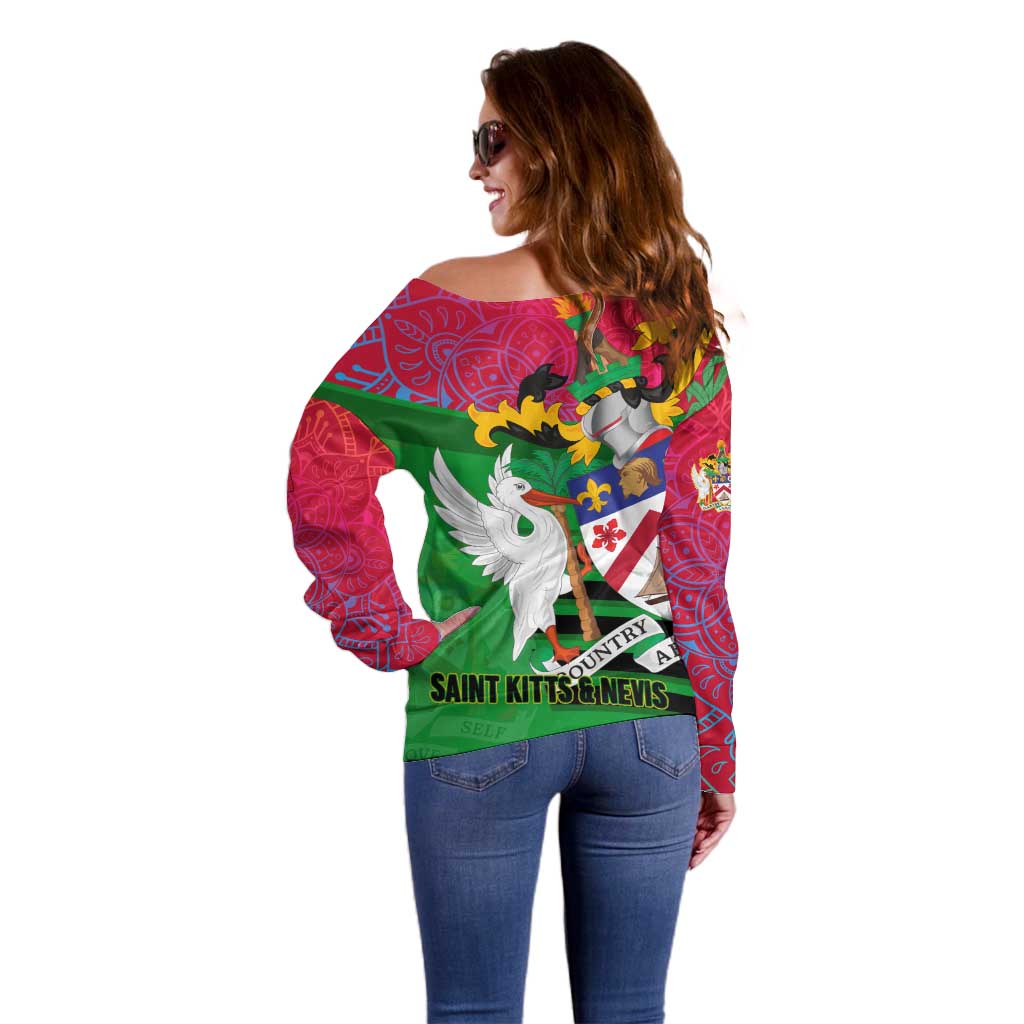 Saint Kitts and Nevis Apparel Off Shoulder Sweater with National Coat of Arms and Cannon Graphic in Red and Green Cultural Pattern Design - Wonder Print Shop