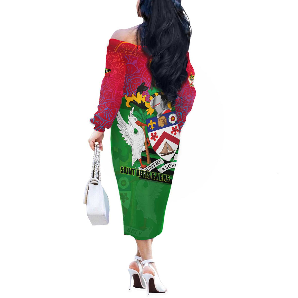 Saint Kitts and Nevis Apparel Off The Shoulder Long Sleeve Dress with National Coat of Arms and Cannon Graphic in Red and Green Cultural Pattern Design - Wonder Print Shop