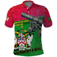 Saint Kitts and Nevis Apparel Polo Shirt with National Coat of Arms and Cannon Graphic in Red and Green Cultural Pattern Design - Wonder Print Shop