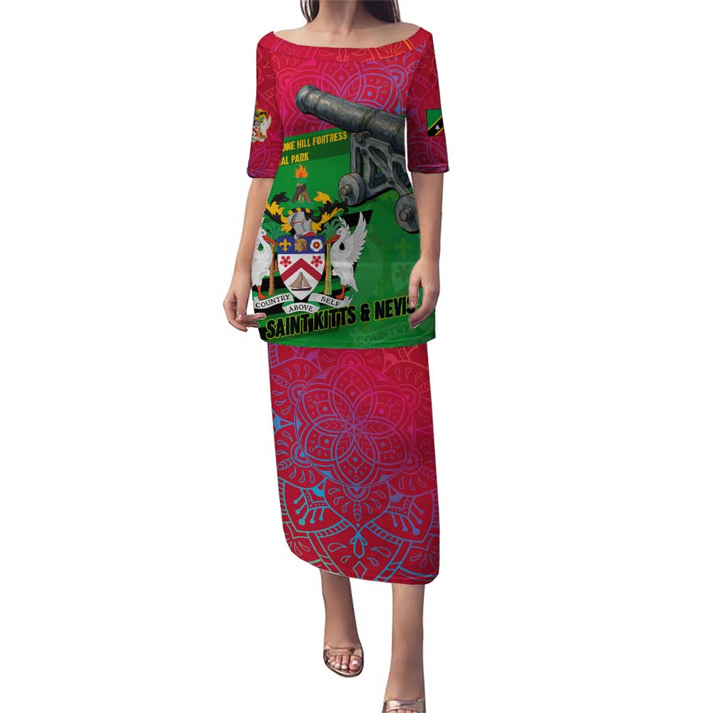 Saint Kitts and Nevis Apparel Puletasi with National Coat of Arms and Cannon Graphic in Red and Green Cultural Pattern Design - Wonder Print Shop