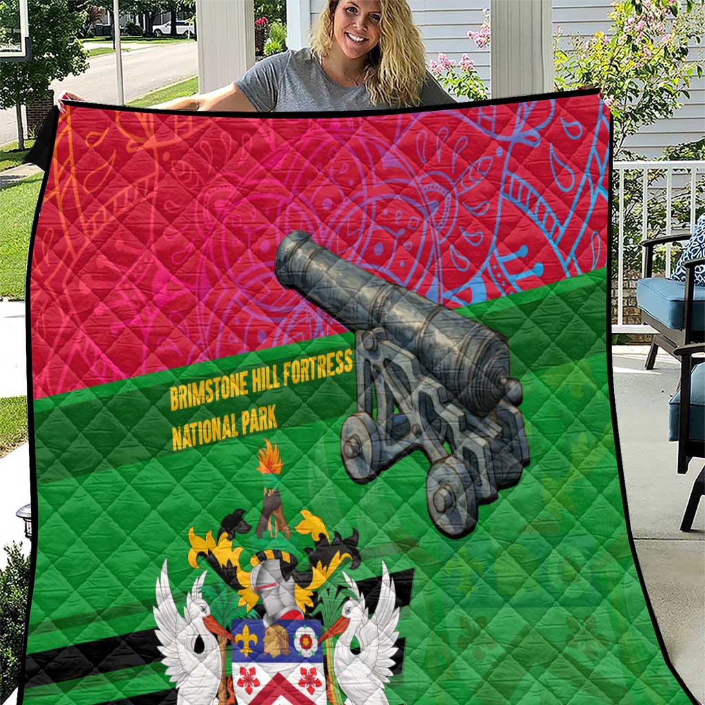 Saint Kitts and Nevis Apparel Quilt with National Coat of Arms and Cannon Graphic in Red and Green Cultural Pattern Design - Wonder Print Shop