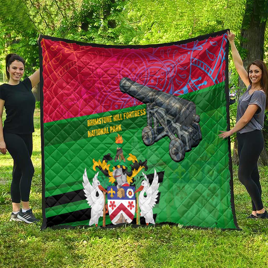 Saint Kitts and Nevis Apparel Quilt with National Coat of Arms and Cannon Graphic in Red and Green Cultural Pattern Design - Wonder Print Shop