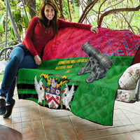 Saint Kitts and Nevis Apparel Quilt with National Coat of Arms and Cannon Graphic in Red and Green Cultural Pattern Design - Wonder Print Shop