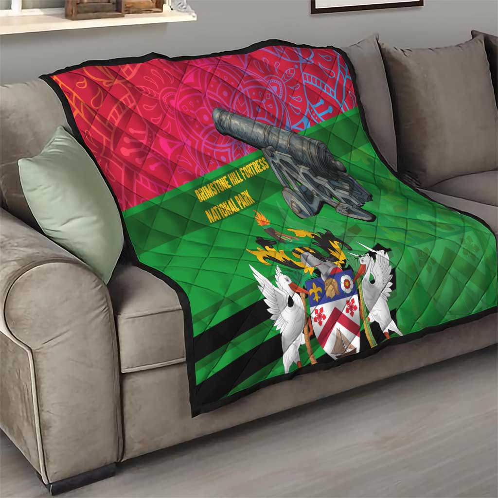 Saint Kitts and Nevis Apparel Quilt with National Coat of Arms and Cannon Graphic in Red and Green Cultural Pattern Design - Wonder Print Shop