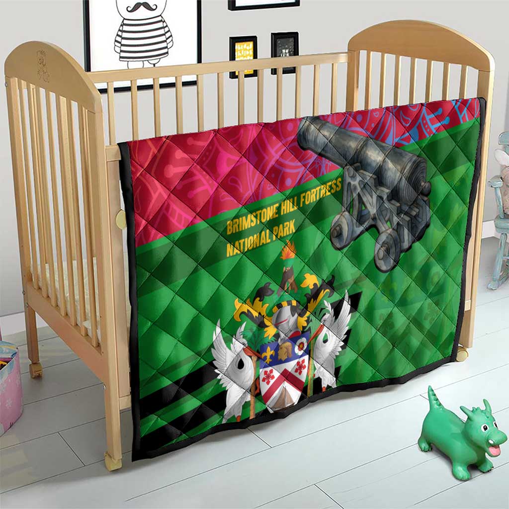 Saint Kitts and Nevis Apparel Quilt with National Coat of Arms and Cannon Graphic in Red and Green Cultural Pattern Design - Wonder Print Shop