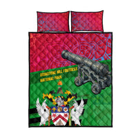 Saint Kitts and Nevis Apparel Quilt Bed Set with National Coat of Arms and Cannon Graphic in Red and Green Cultural Pattern Design - Wonder Print Shop