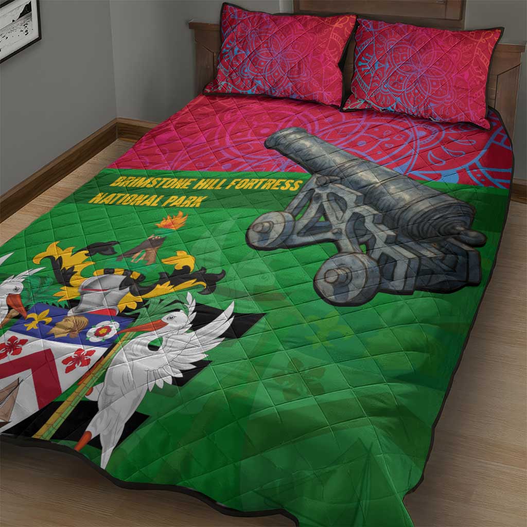 Saint Kitts and Nevis Apparel Quilt Bed Set with National Coat of Arms and Cannon Graphic in Red and Green Cultural Pattern Design - Wonder Print Shop