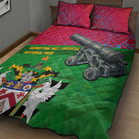 Saint Kitts and Nevis Apparel Quilt Bed Set with National Coat of Arms and Cannon Graphic in Red and Green Cultural Pattern Design - Wonder Print Shop