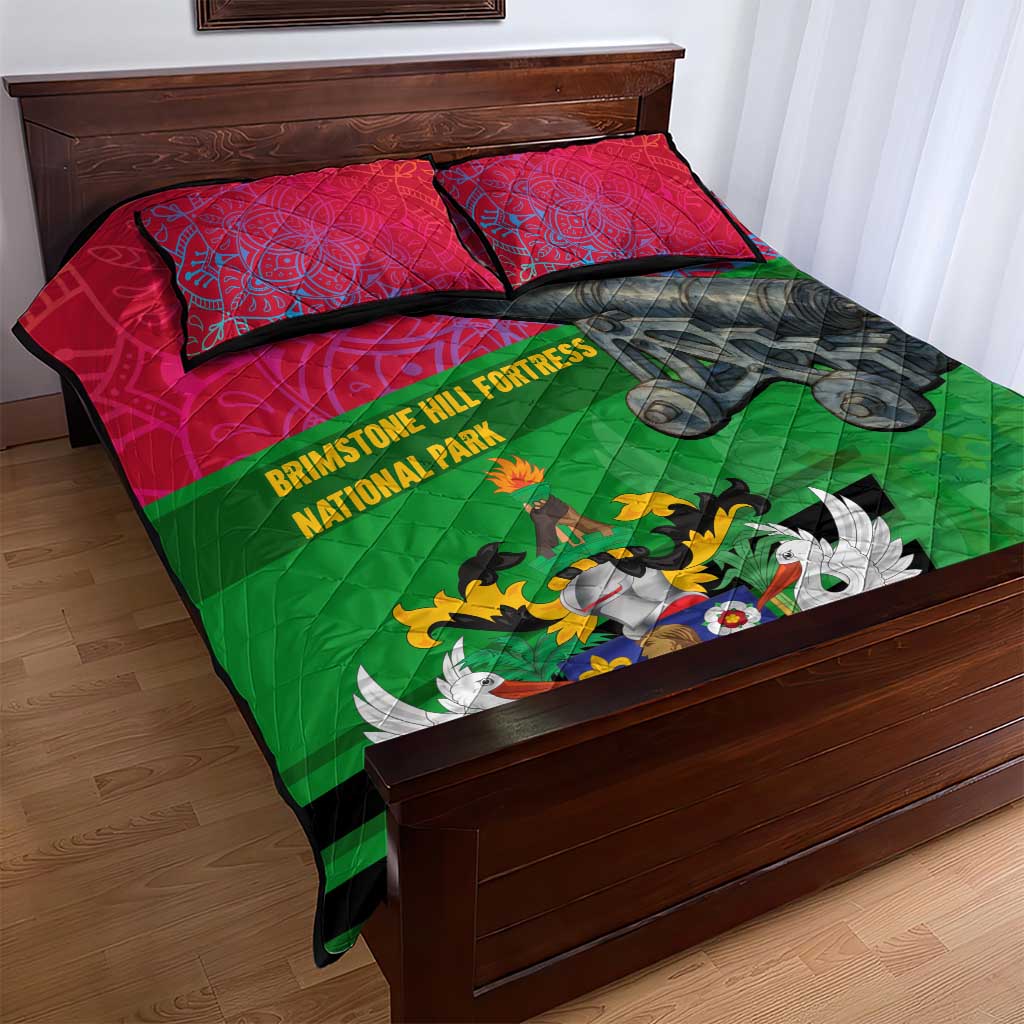 Saint Kitts and Nevis Apparel Quilt Bed Set with National Coat of Arms and Cannon Graphic in Red and Green Cultural Pattern Design - Wonder Print Shop