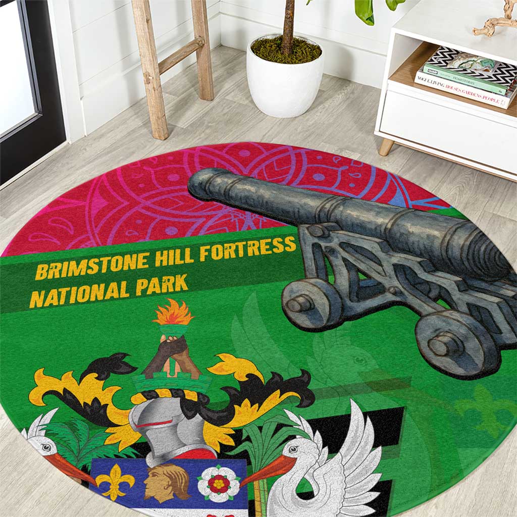 Saint Kitts and Nevis Apparel Round Carpet with National Coat of Arms and Cannon Graphic in Red and Green Cultural Pattern Design - Wonder Print Shop