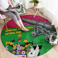 Saint Kitts and Nevis Apparel Round Carpet with National Coat of Arms and Cannon Graphic in Red and Green Cultural Pattern Design - Wonder Print Shop