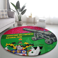 Saint Kitts and Nevis Apparel Round Carpet with National Coat of Arms and Cannon Graphic in Red and Green Cultural Pattern Design - Wonder Print Shop