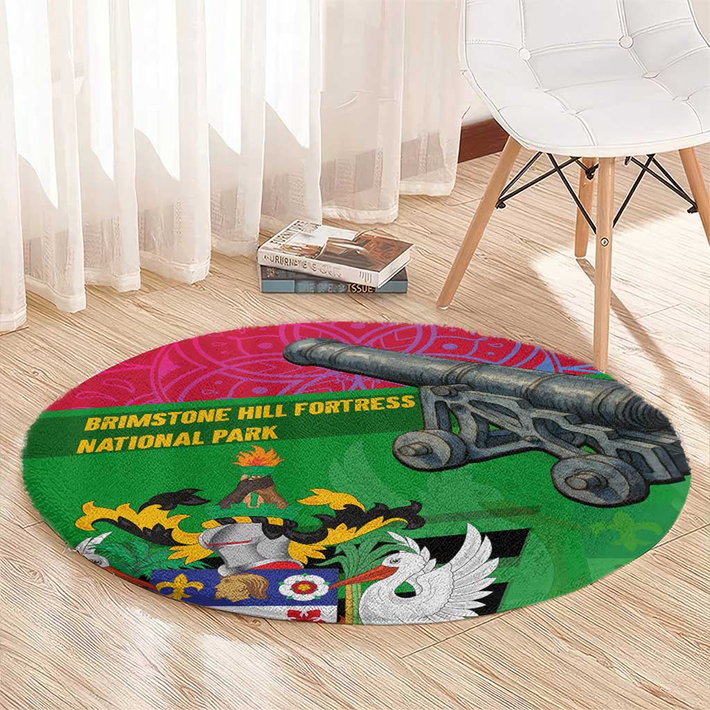 Saint Kitts and Nevis Apparel Round Carpet with National Coat of Arms and Cannon Graphic in Red and Green Cultural Pattern Design - Wonder Print Shop