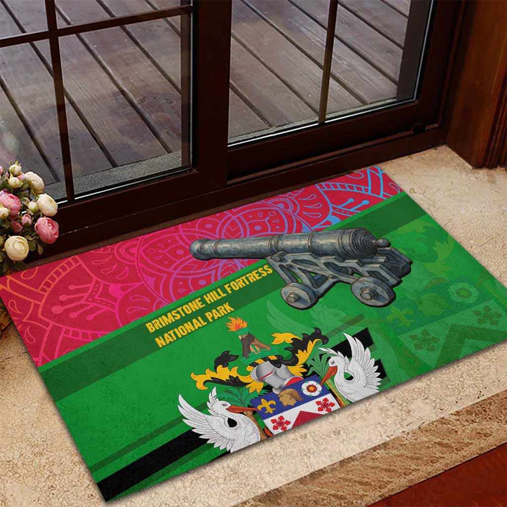 Saint Kitts and Nevis Apparel Rubber Doormat with National Coat of Arms and Cannon Graphic in Red and Green Cultural Pattern Design - Wonder Print Shop
