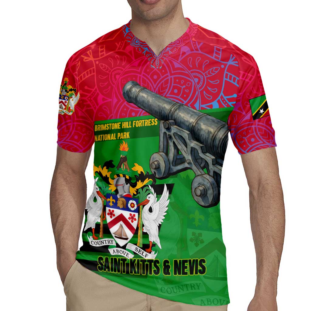 Saint Kitts and Nevis Apparel Rugby Jersey with National Coat of Arms and Cannon Graphic in Red and Green Cultural Pattern Design - Wonder Print Shop
