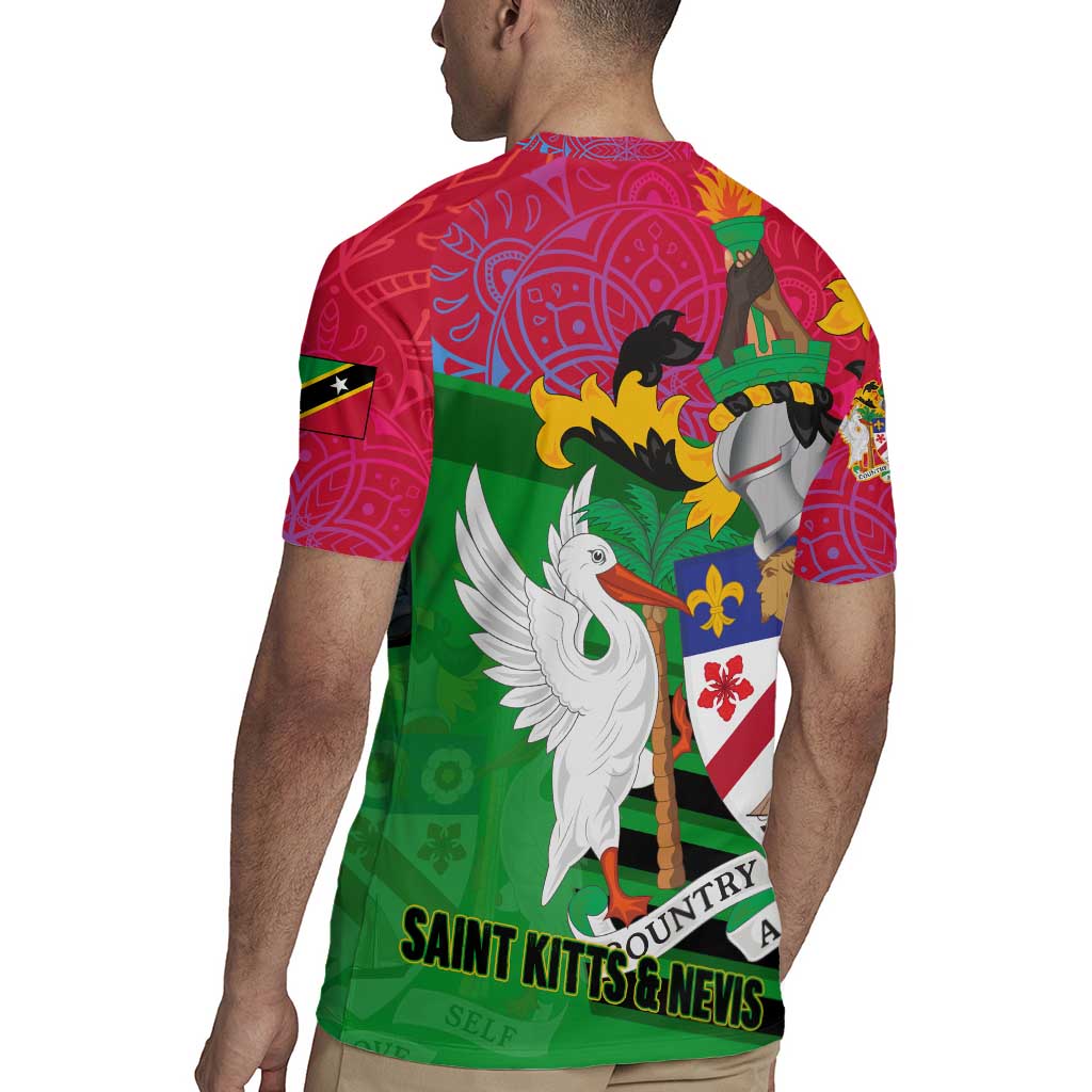 Saint Kitts and Nevis Apparel Rugby Jersey with National Coat of Arms and Cannon Graphic in Red and Green Cultural Pattern Design - Wonder Print Shop
