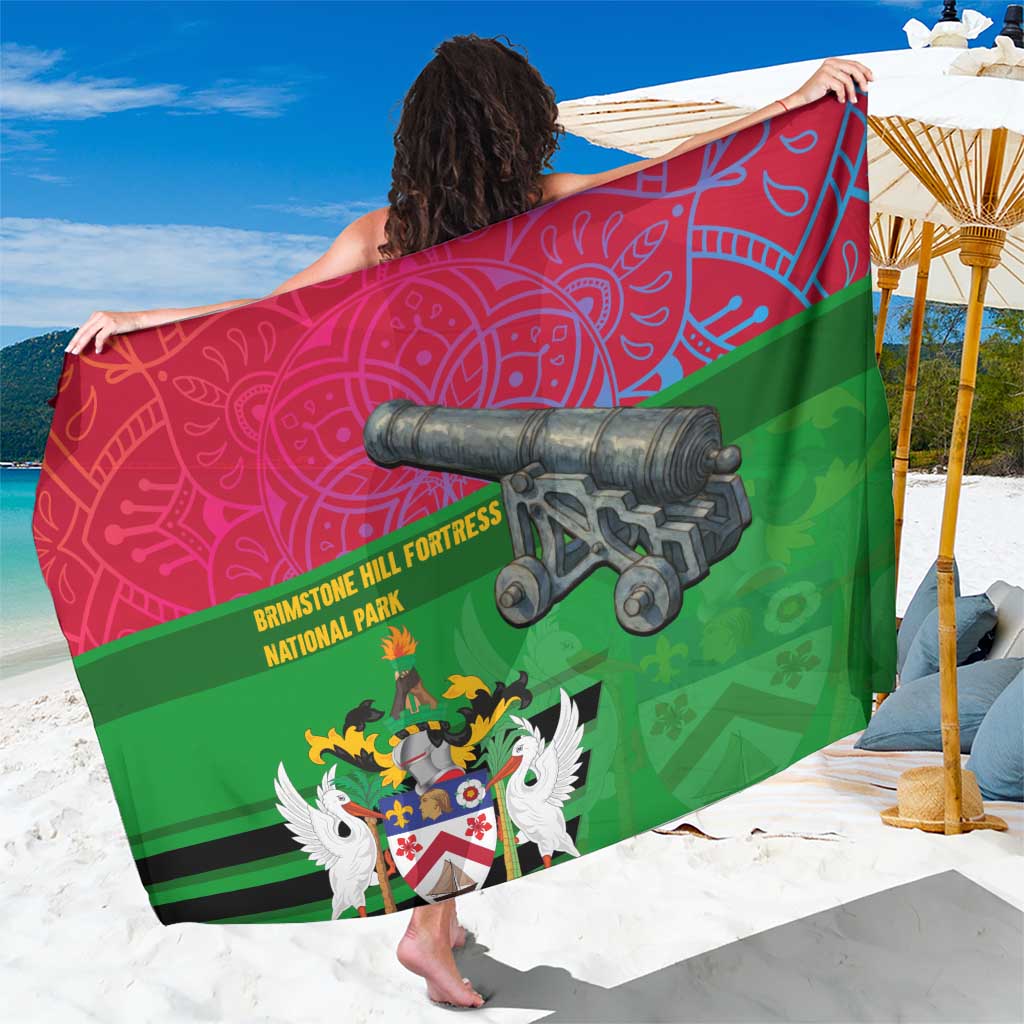 Saint Kitts and Nevis Apparel Sarong with National Coat of Arms and Cannon Graphic in Red and Green Cultural Pattern Design - Wonder Print Shop