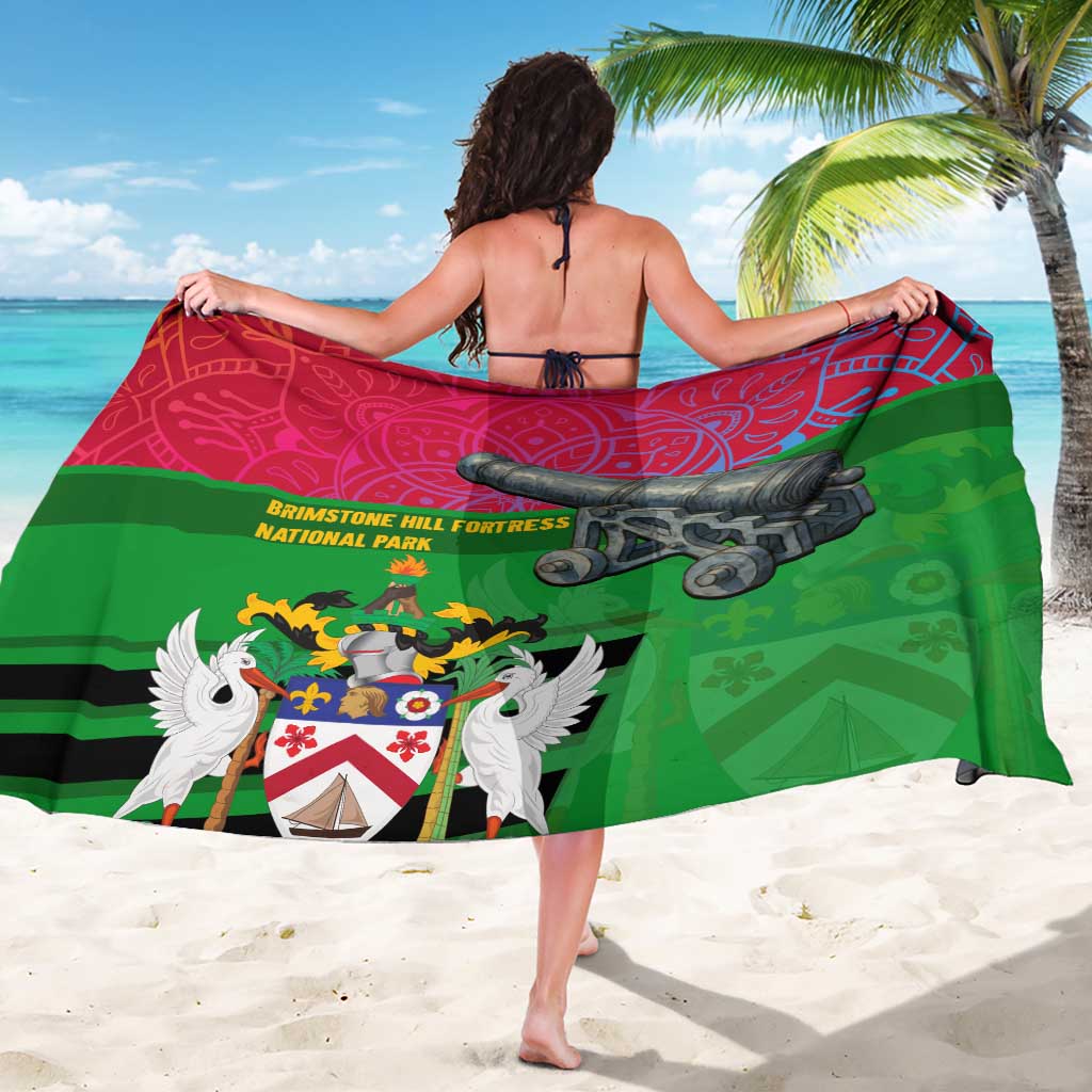Saint Kitts and Nevis Apparel Sarong with National Coat of Arms and Cannon Graphic in Red and Green Cultural Pattern Design - Wonder Print Shop