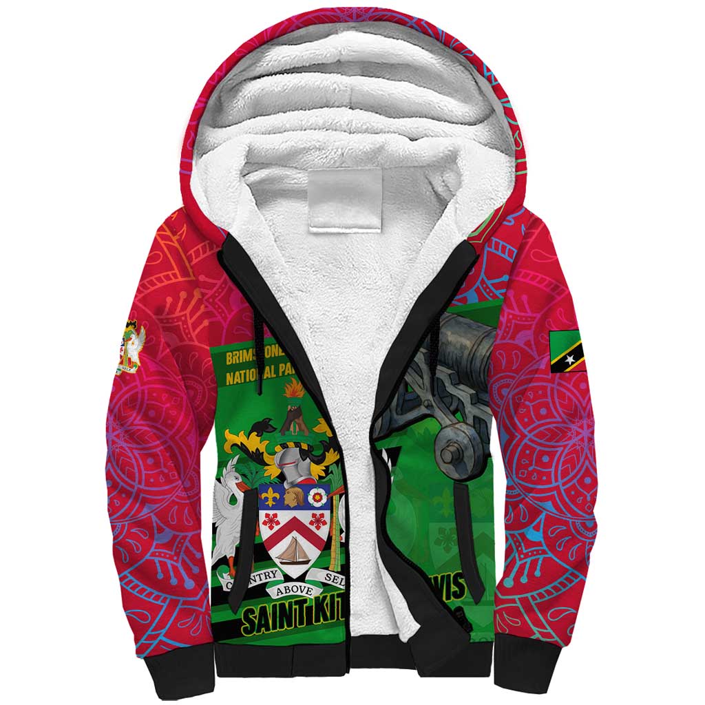 Saint Kitts and Nevis Apparel Sherpa Hoodie with National Coat of Arms and Cannon Graphic in Red and Green Cultural Pattern Design - Wonder Print Shop
