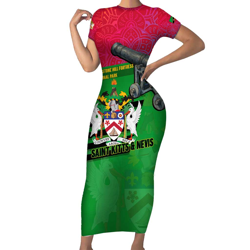 Saint Kitts and Nevis Apparel Short Sleeve Bodycon Dress with National Coat of Arms and Cannon Graphic in Red and Green Cultural Pattern Design - Wonder Print Shop
