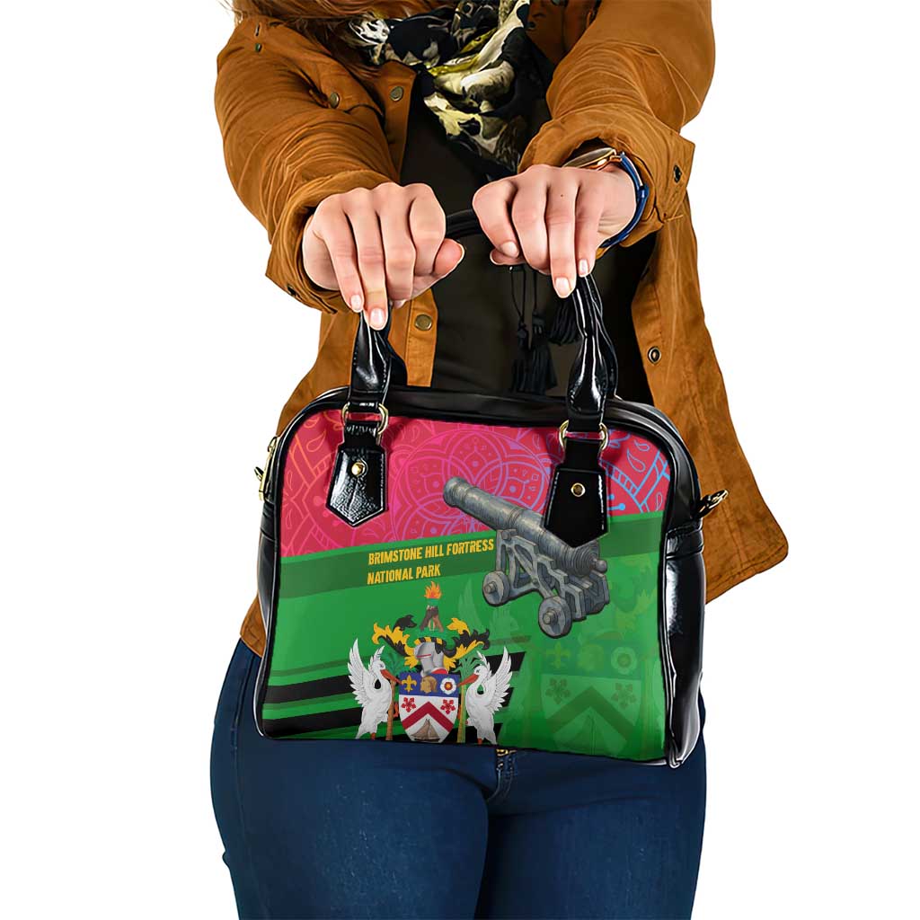 Saint Kitts and Nevis Apparel Shoulder Handbag with National Coat of Arms and Cannon Graphic in Red and Green Cultural Pattern Design - Wonder Print Shop